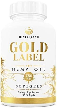 Bottle of Hinterland Gold Label hemp oil softgels 750mg dietary supplement