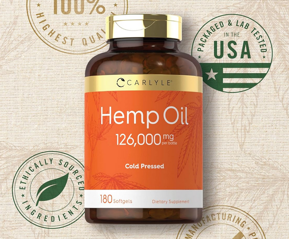Carlyle Hemp Oil 126,000mg bottle with orange label and supplement details