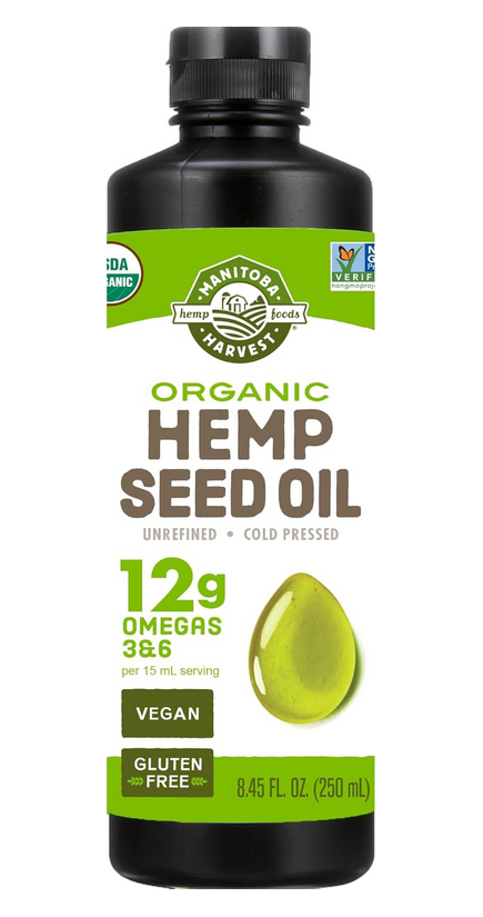 Manitoba Harvest organic hemp seed oil bottle with green label highlighting omegas